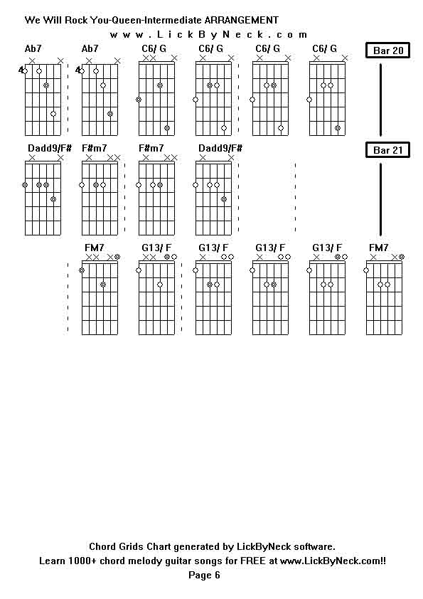 Chord Grids Chart of chord melody fingerstyle guitar song-We Will Rock You-Queen-Intermediate ARRANGEMENT,generated by LickByNeck software.